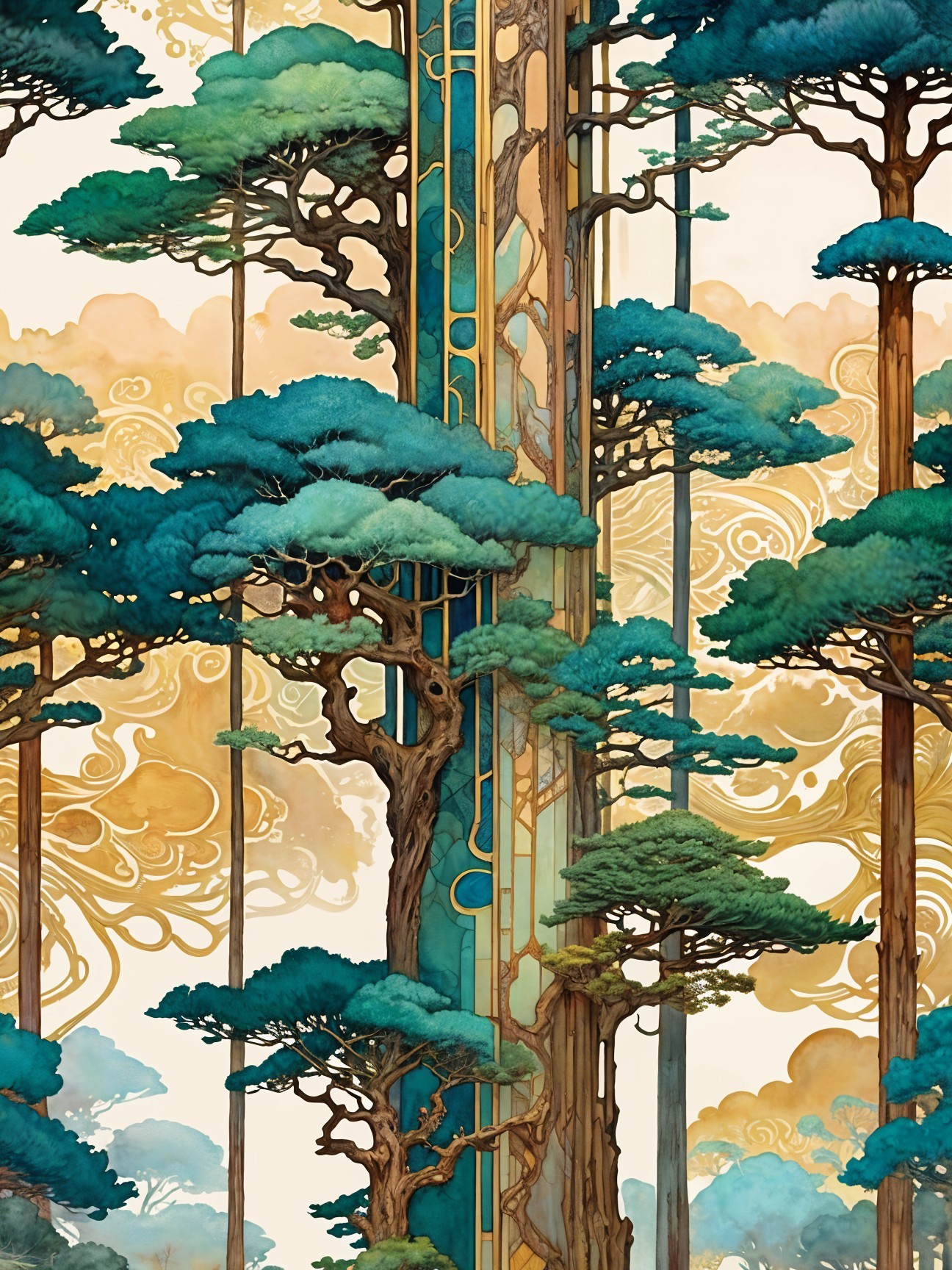 Fantastical forest with stylized trees and teal foliage