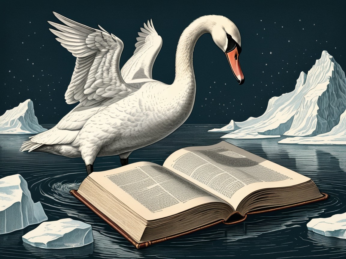White Swan on Book in Icy Waters Under Starry Sky