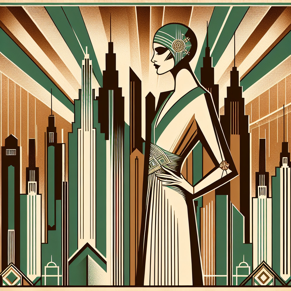 Art Deco Woman in Elegant Attire Against Skyscrapers