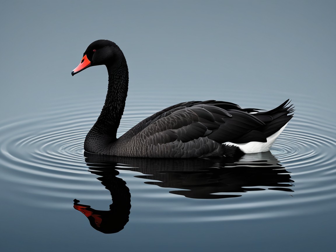 Majestic black swan gliding on calm water surface