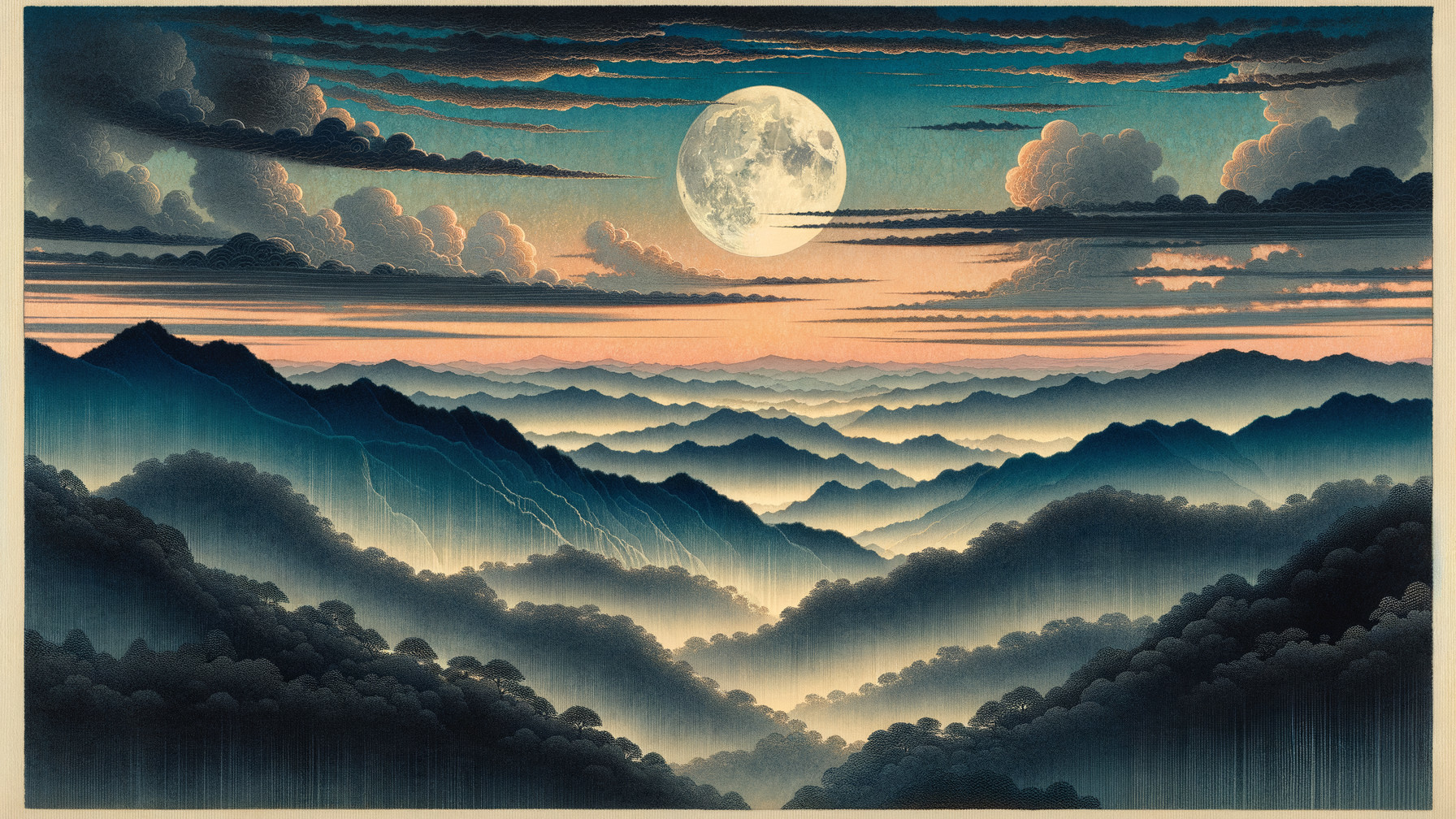 Serene Landscape with Misty Mountains and Moonlight
