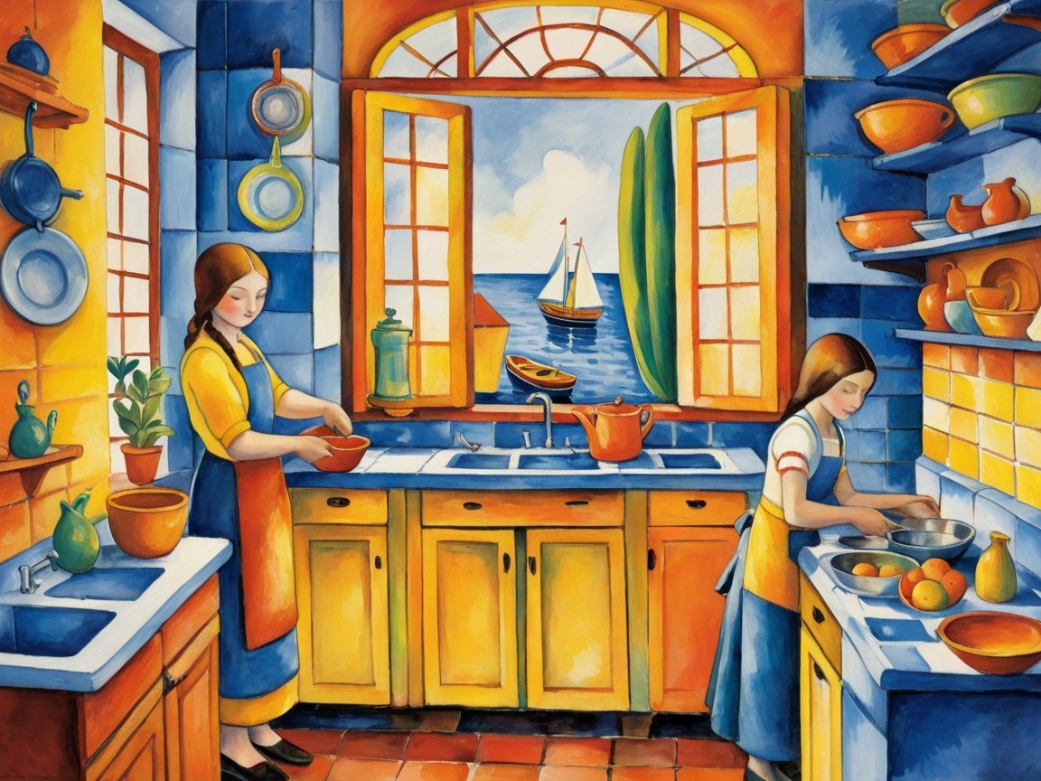 Vibrant Kitchen Scene with Women Preparing Food