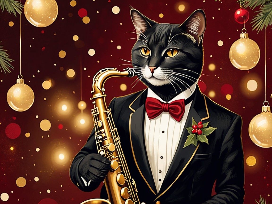 Elegant Black Cat in Tuxedo with Saxophone Decor