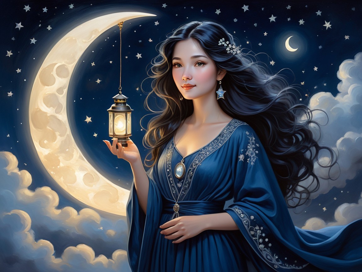 Serene Woman in Blue Gown Under Starry Night Sky