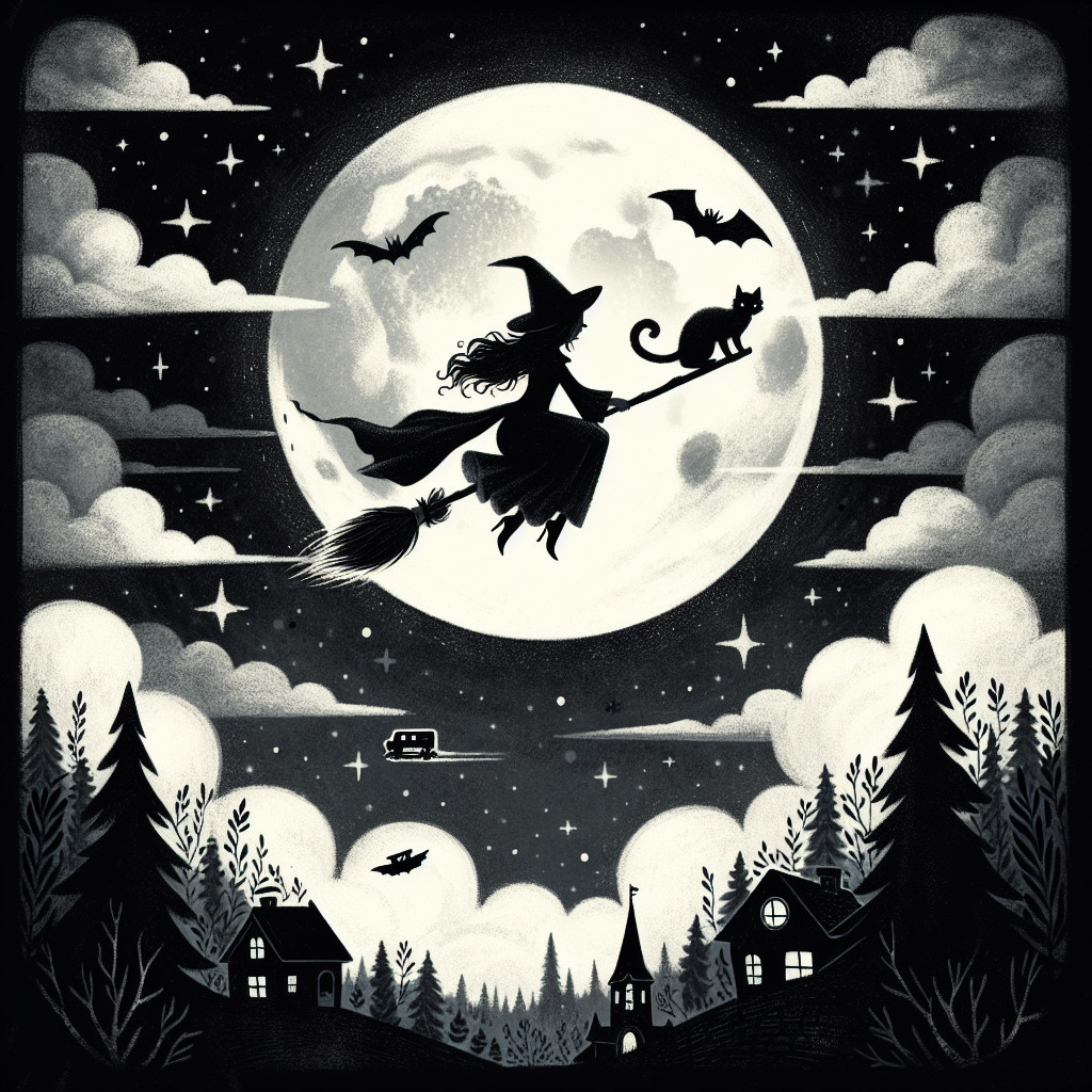 Witch on Broomstick Against Full Moon and Night Sky