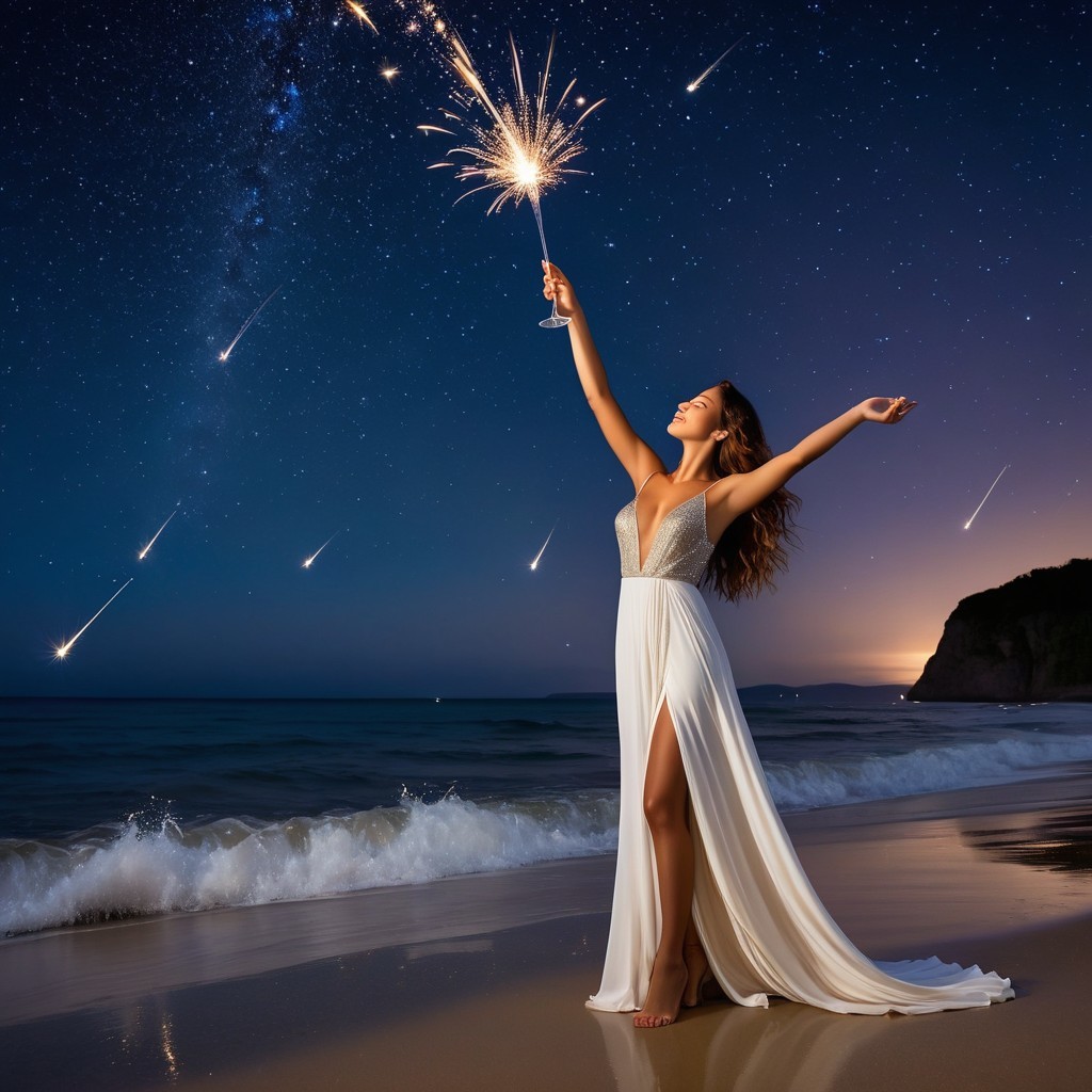 Woman in white gown with sparkler on beach at night