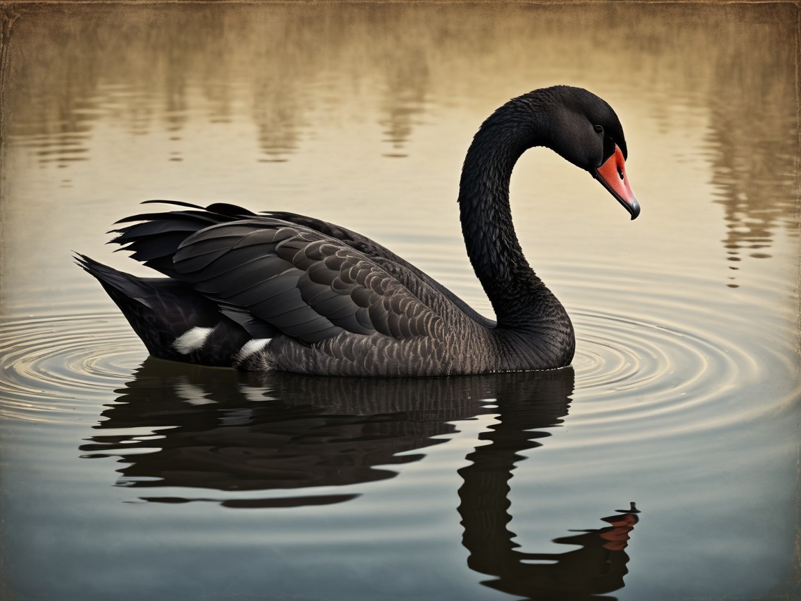 Black Swan Gliding on Calm Reflective Water Surface