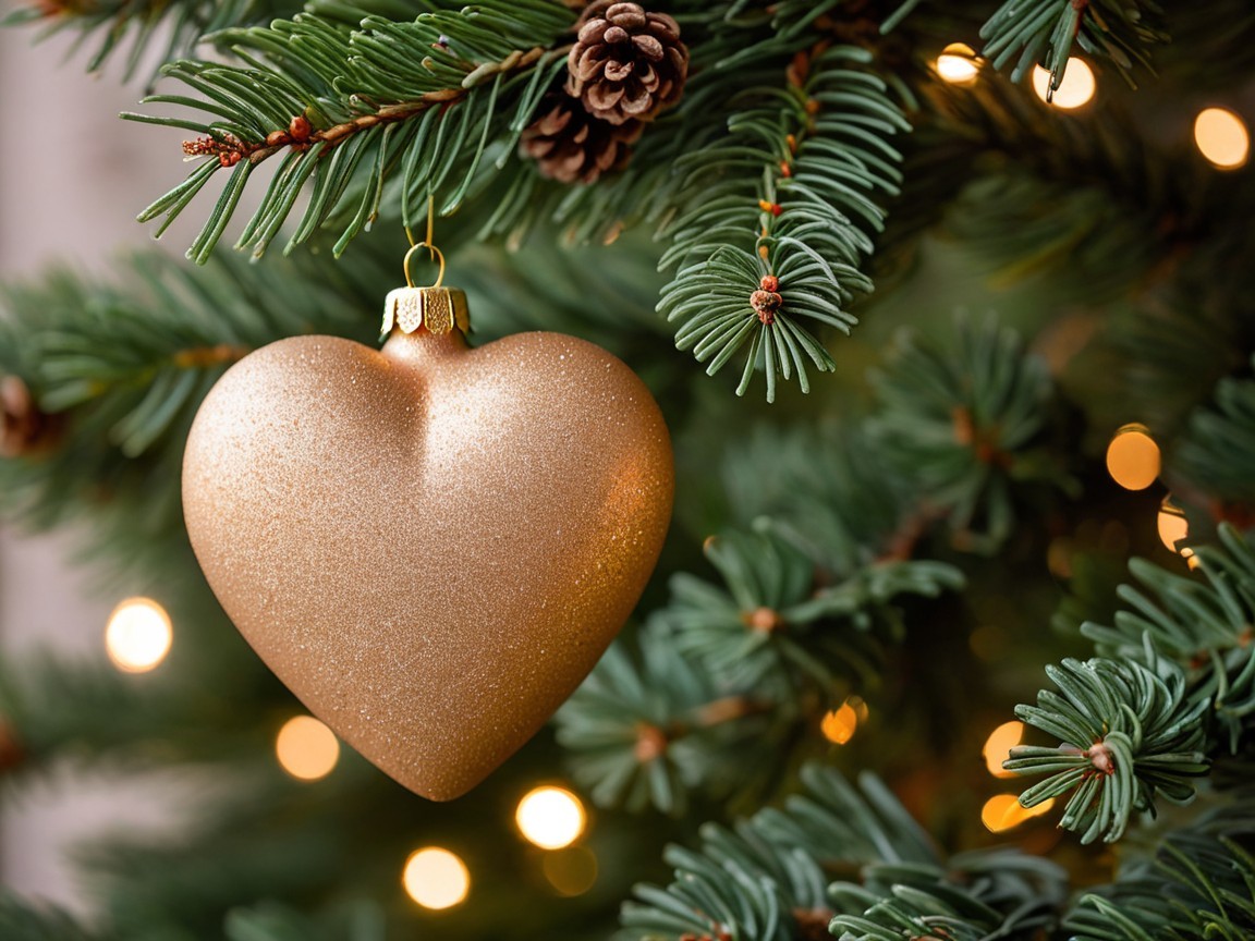 Close-up of a pine tree with lights and ornaments