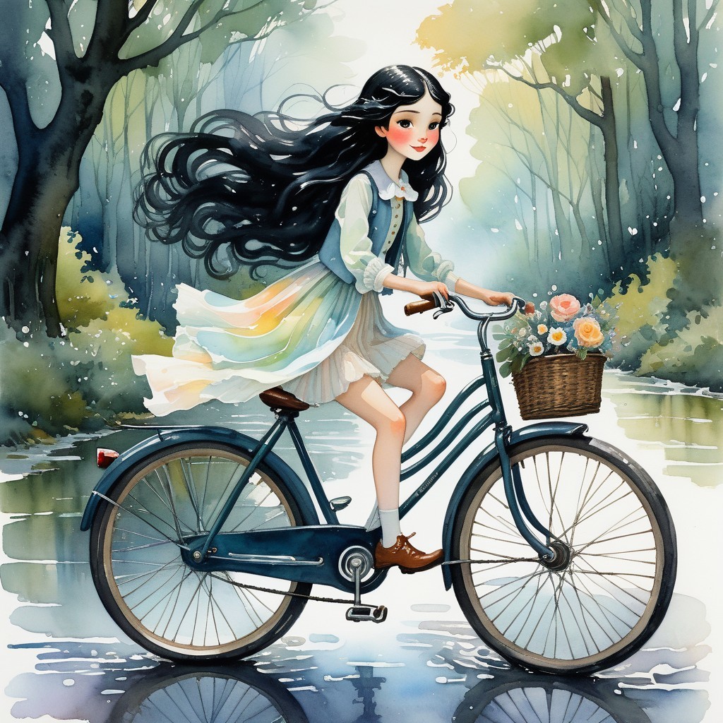 Whimsical Illustration of Girl on Vintage Bicycle