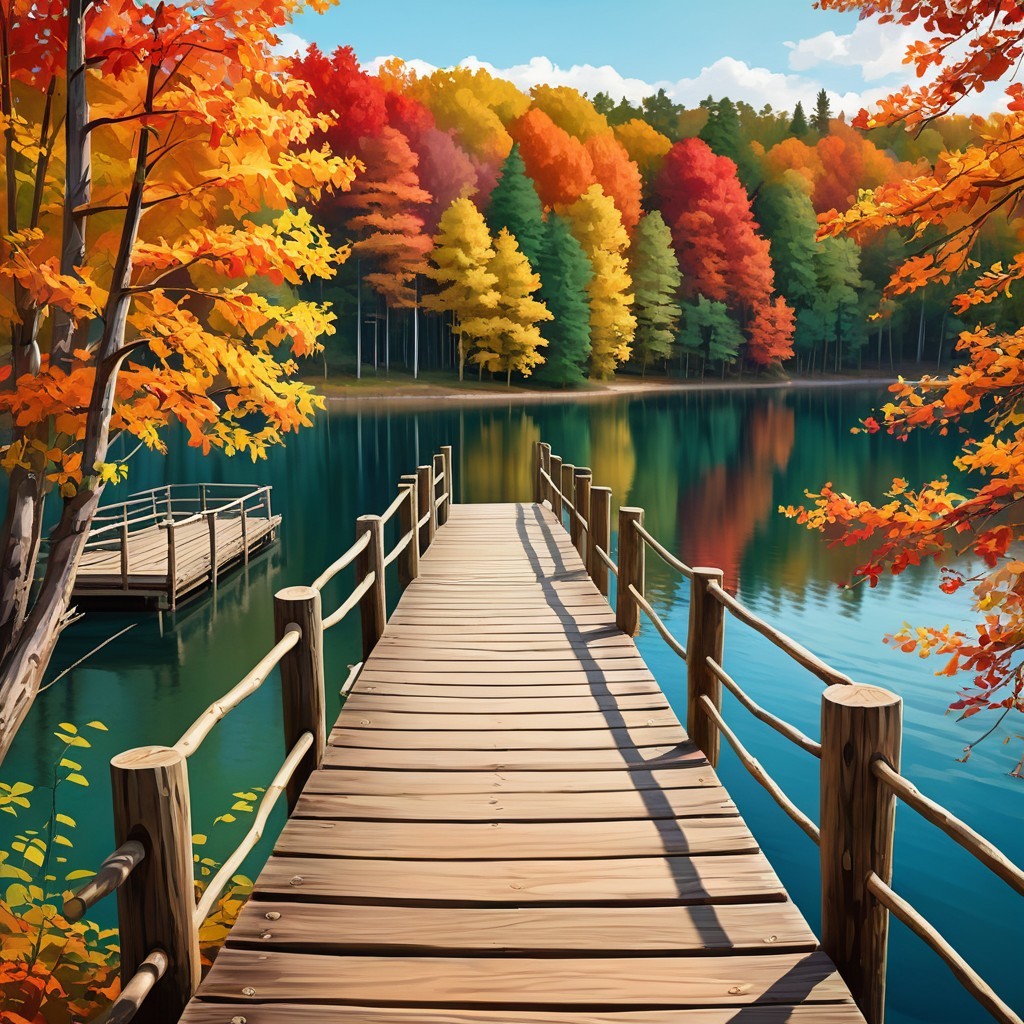 Autumn Landscape with Dock and Reflective Lake