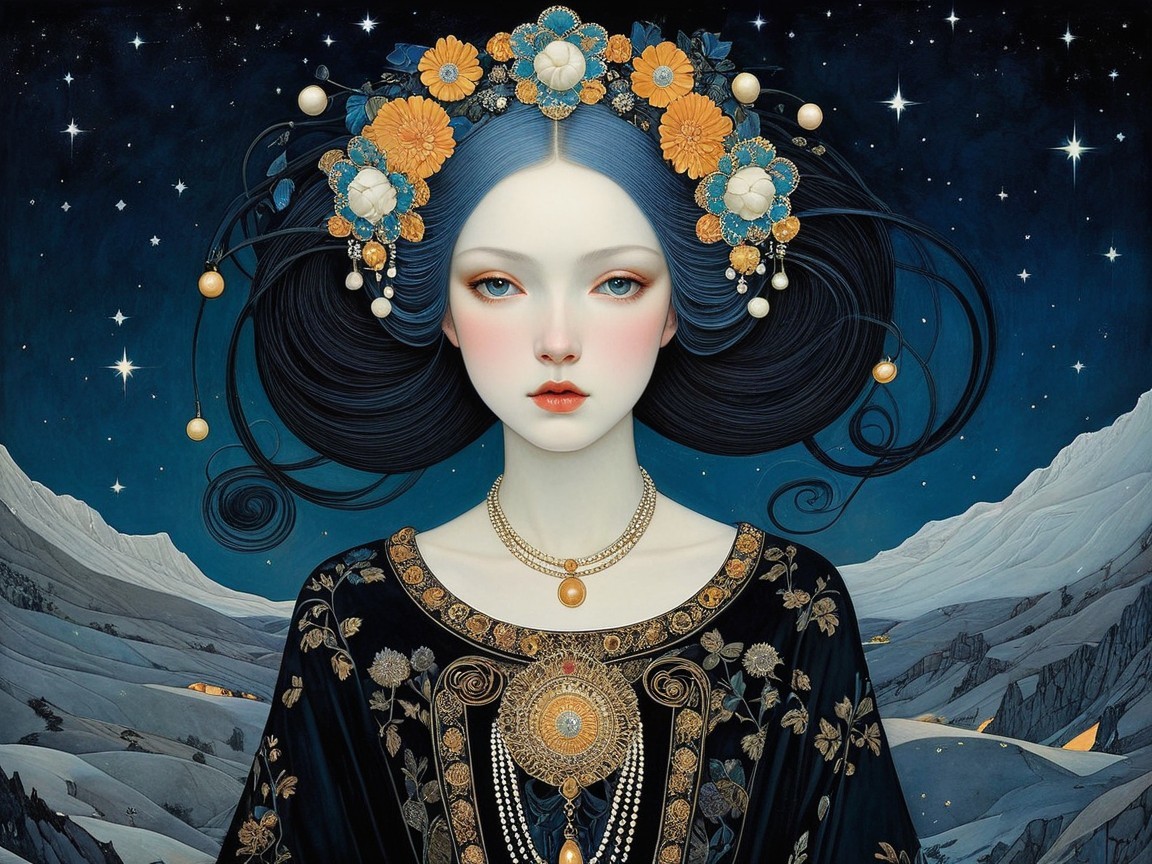 Young woman with floral crown in starry night setting