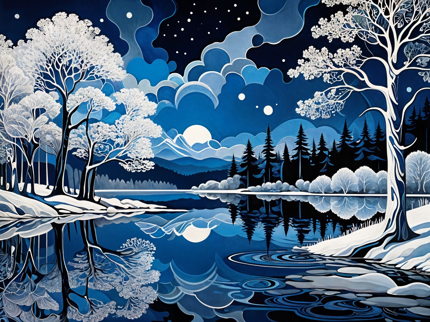 Serene Winter Landscape with Starlit Night Sky