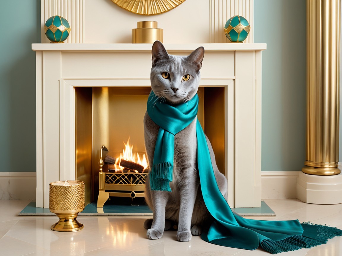 Gray Cat in Teal Scarf by Cozy Fireplace Decor