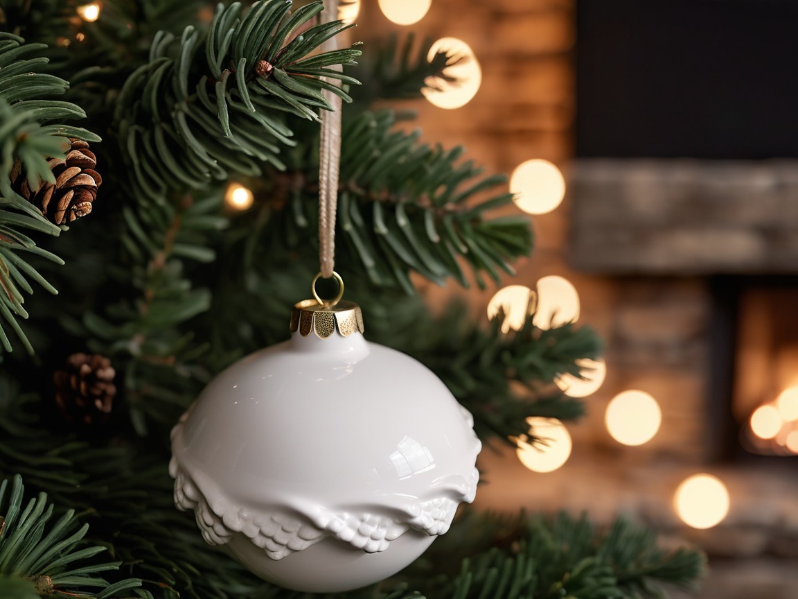 Delicate White Ornament on Pine Tree with Cozy Lights