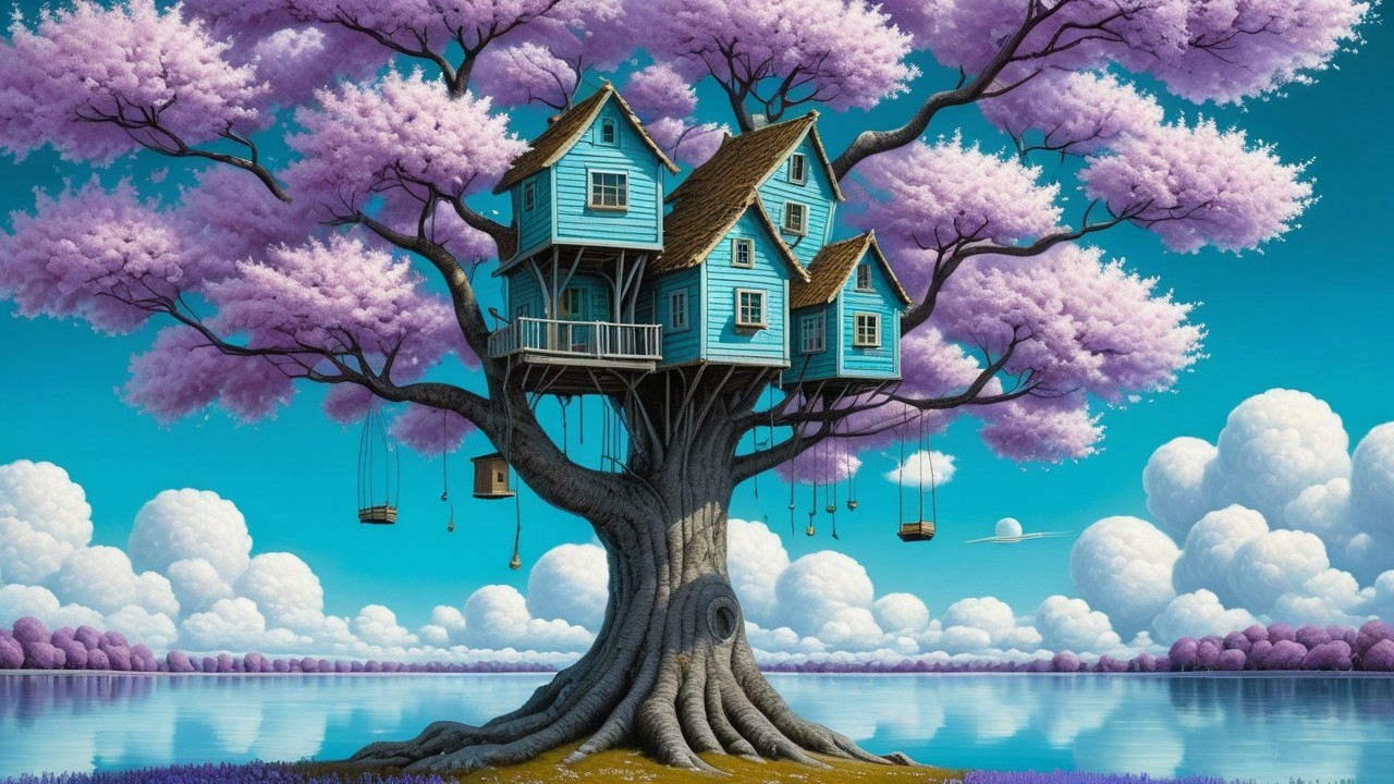 Whimsical Tree with Purple Leaves and Blue Treehouses