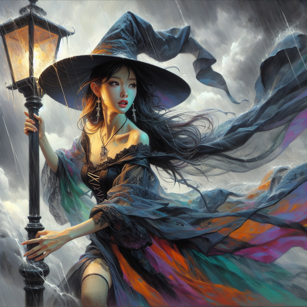 Mystical witch under glowing streetlamp in stormy night