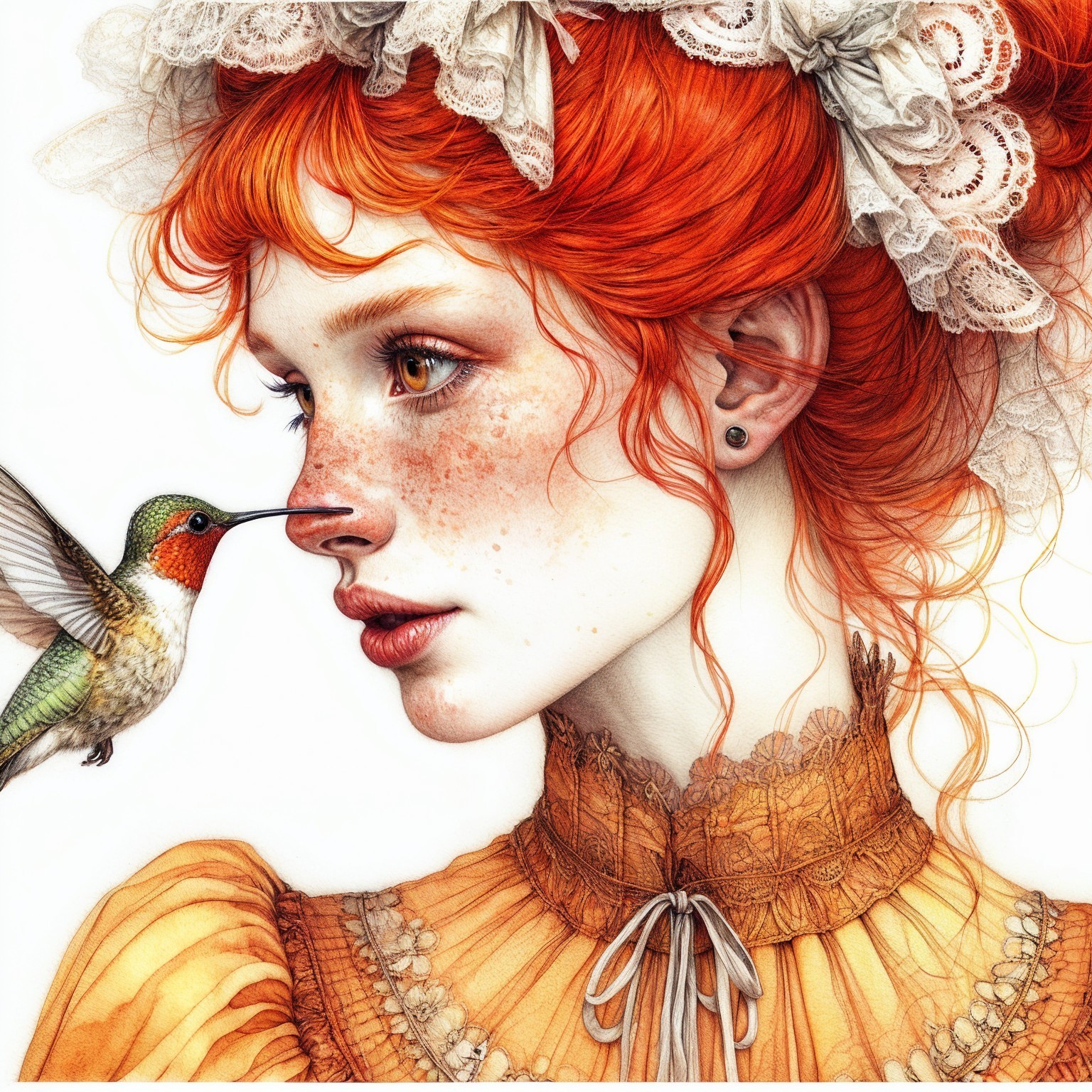 Profile of a Young Woman with Red Hair and Hummingbird