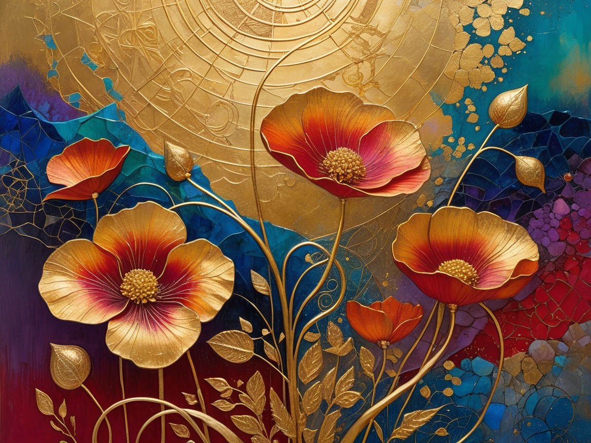 Vibrant Abstract Composition with Golden Flowers