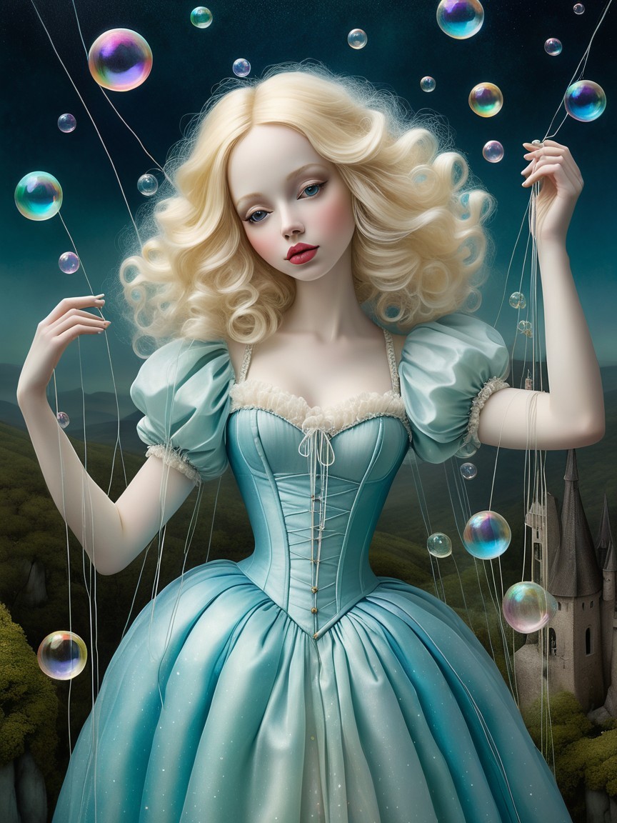 Fairytale-Inspired Doll with Bubbles and Castle Background