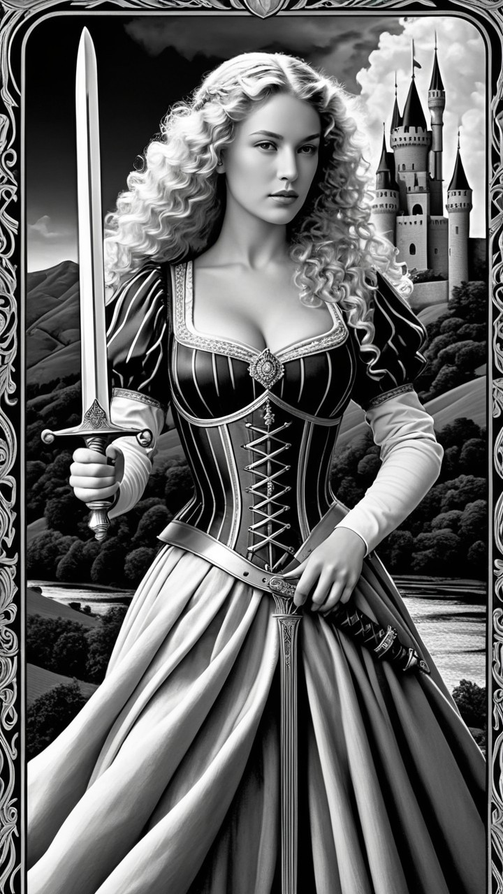 Fierce Warrior Woman in Elegant Gown with Castle Backdrop