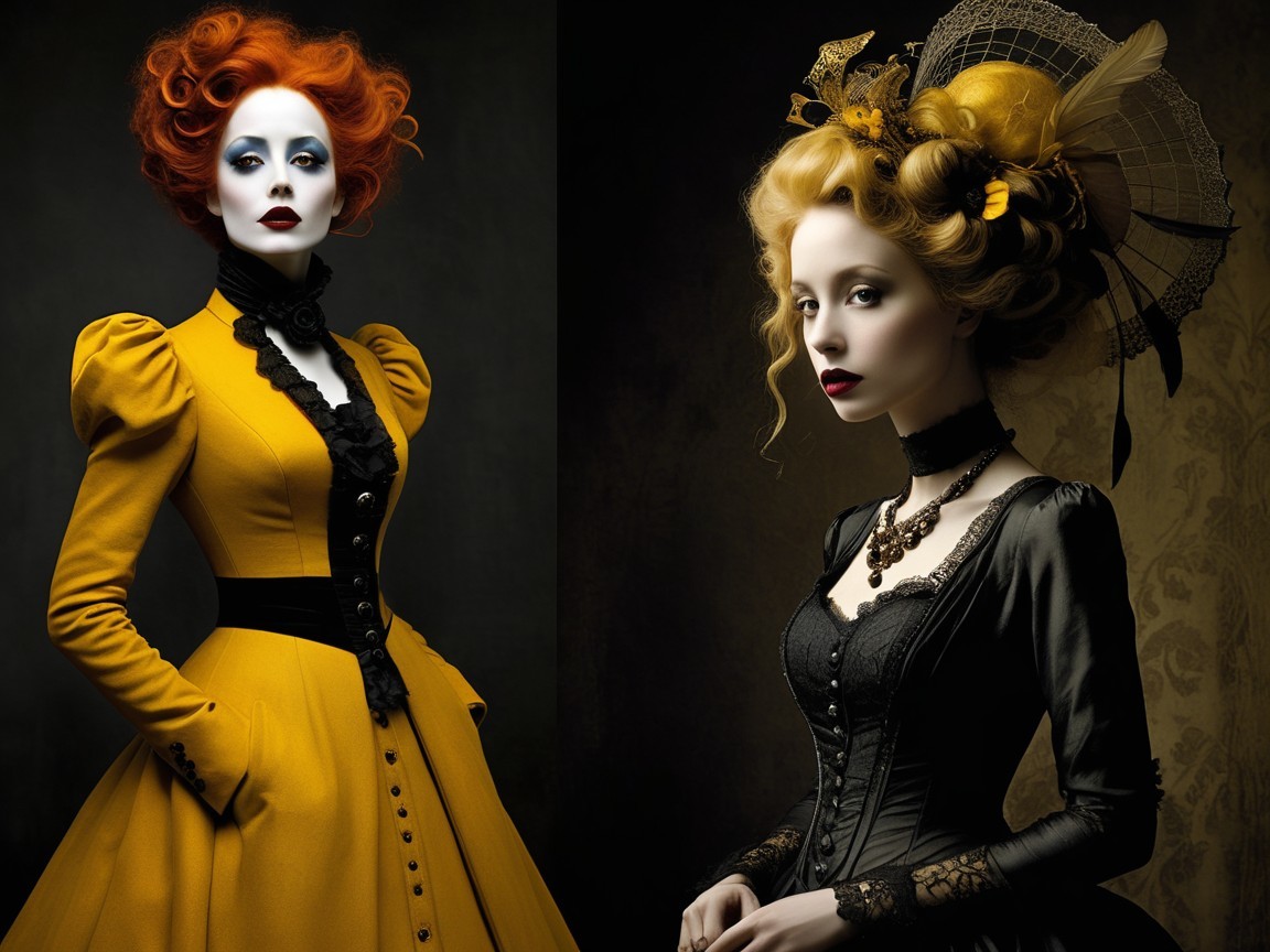 High-fashion attire worn by two elegantly dressed women