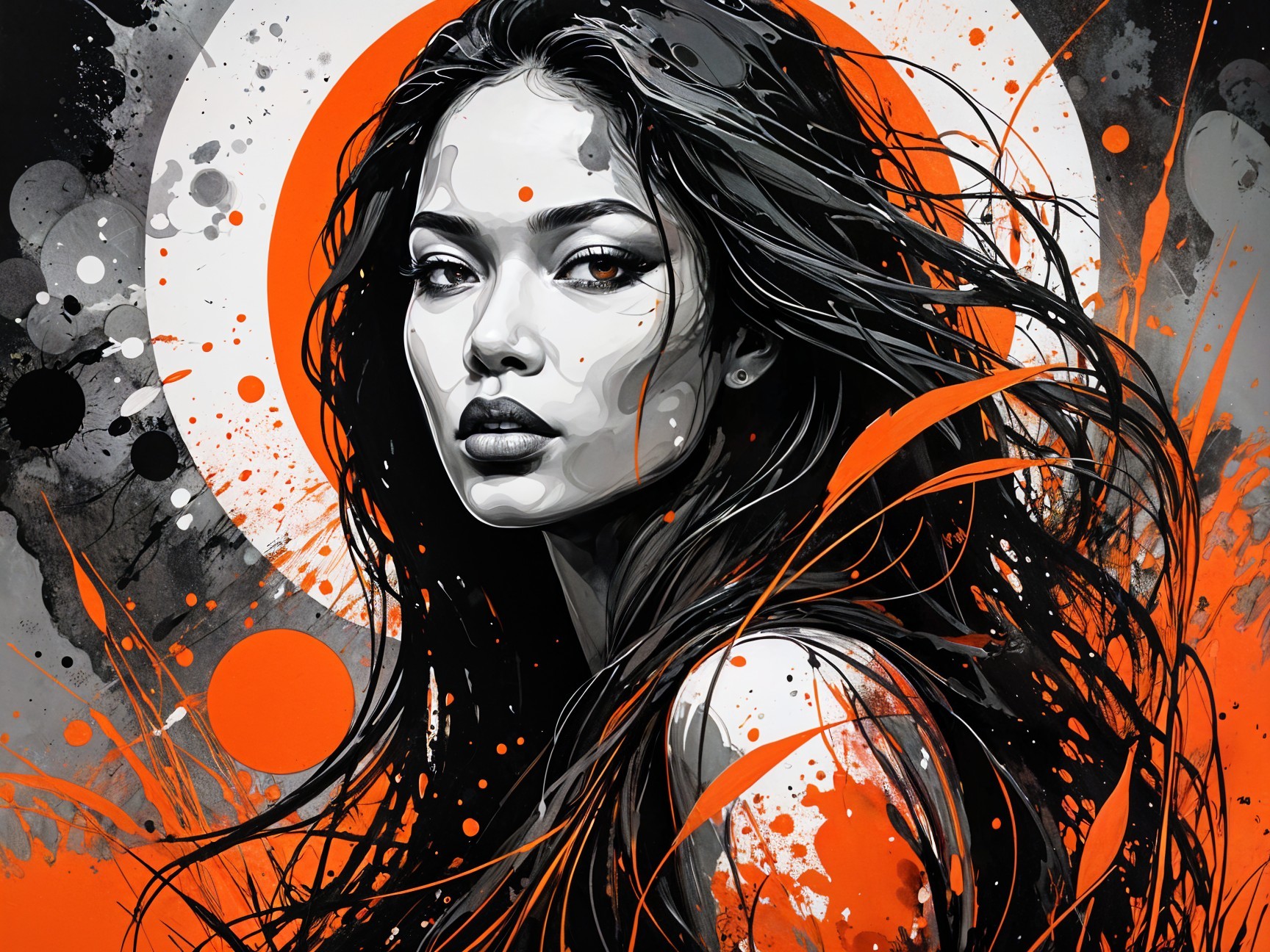 Portrait of a Woman with Flowing Hair and Vibrant Colors