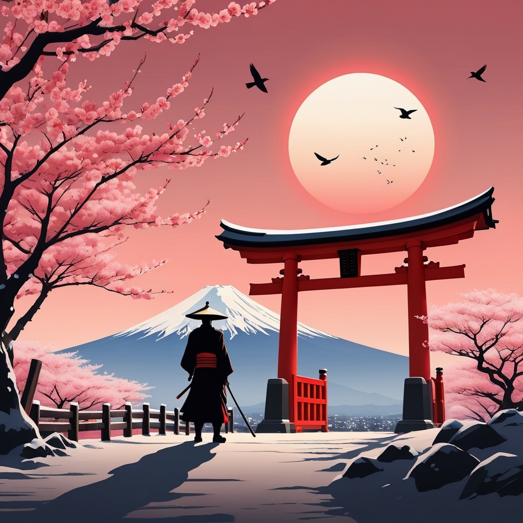 Silhouetted Figure at Torii Gate with Cherry Blossoms