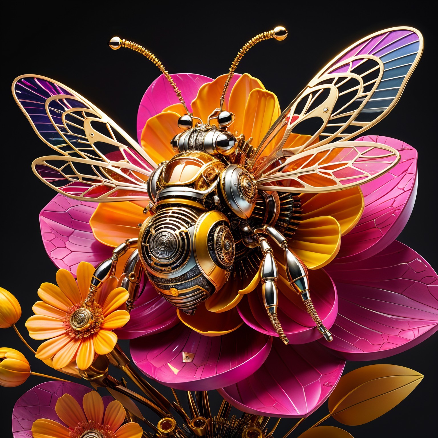 Metallic Bee on Colorful Flower with Futuristic Design