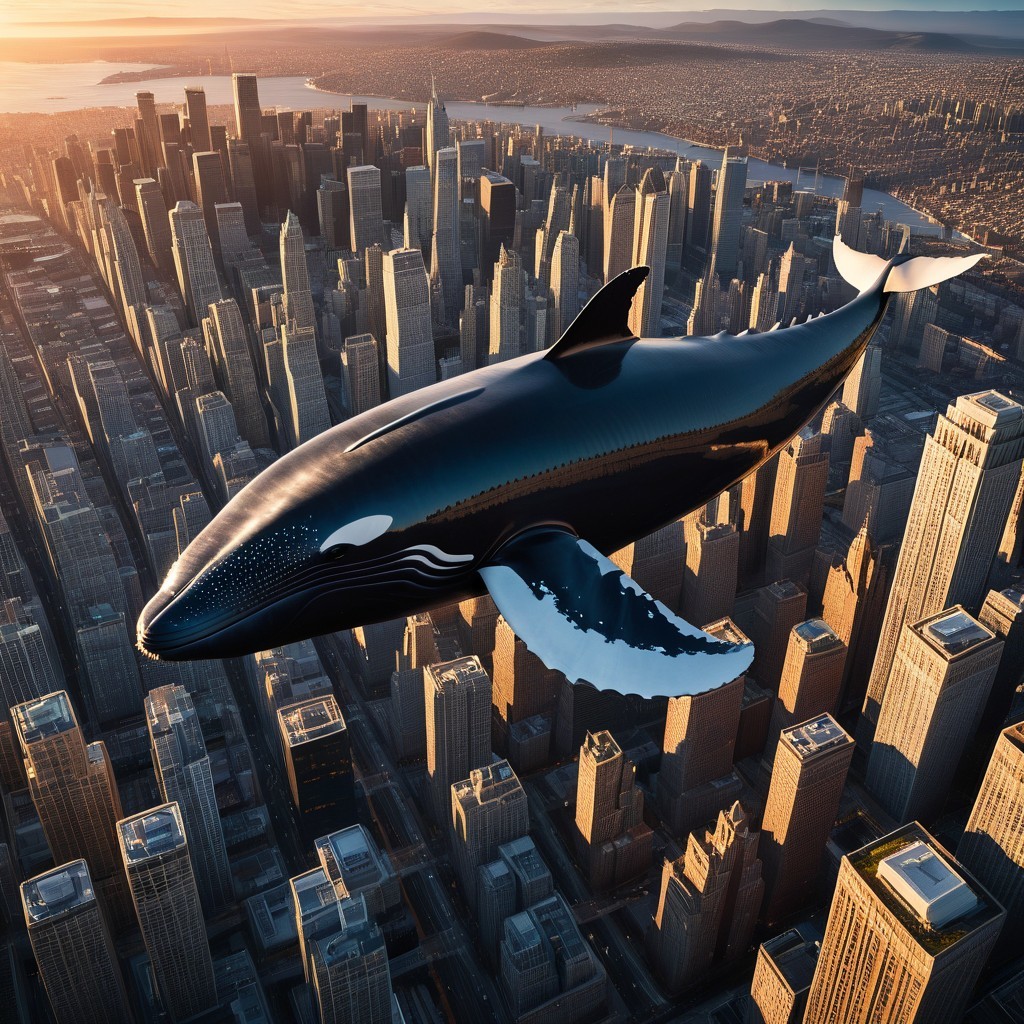 Stylized whale in urban skyline with skyscrapers