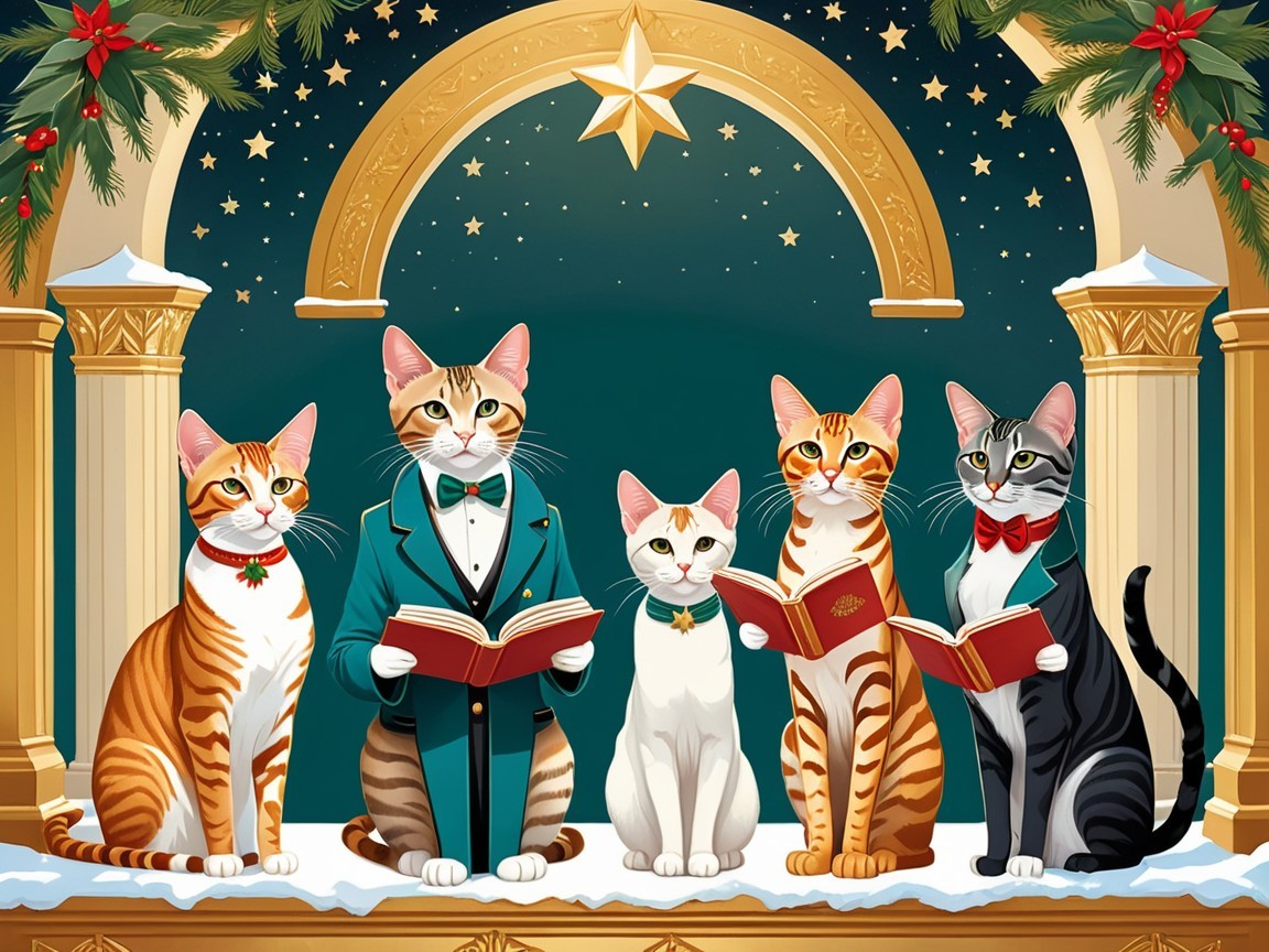Whimsical Holiday Scene with Elegantly Dressed Cats