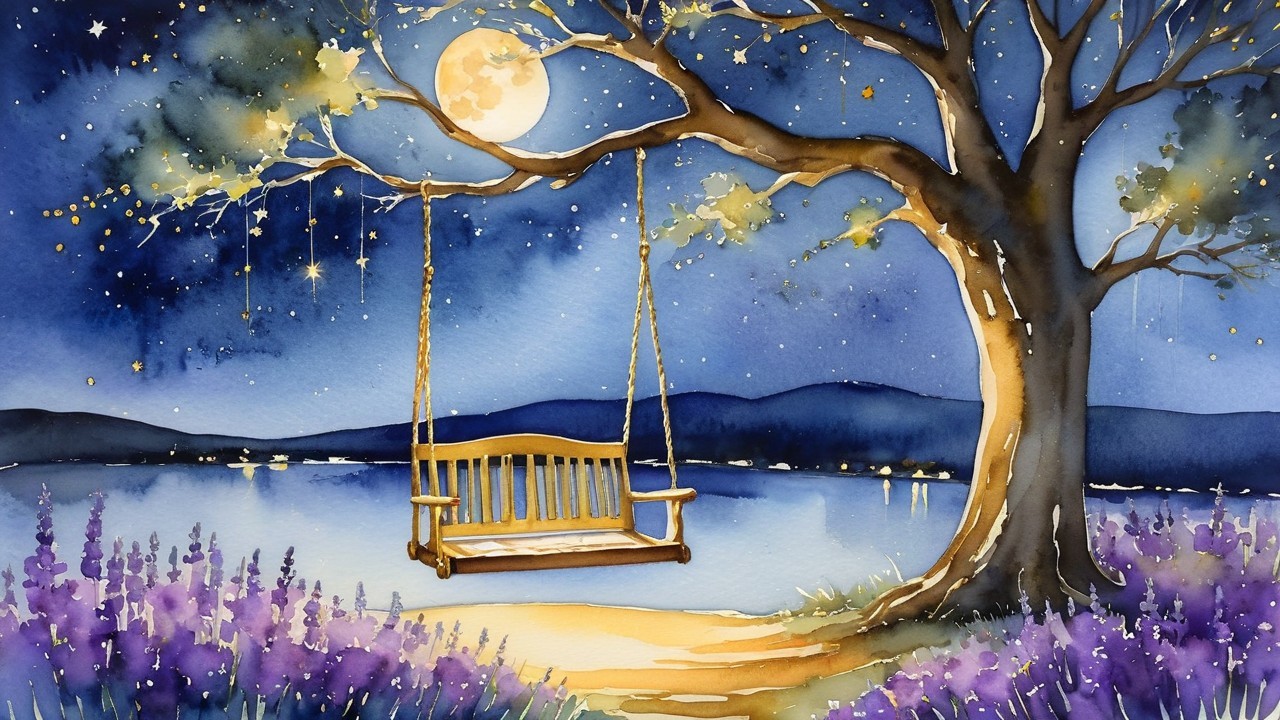 Serene Night Scene with Swing and Tranquil Lake