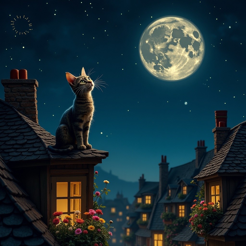 Cat on Rooftop Under Starry Night and Full Moon