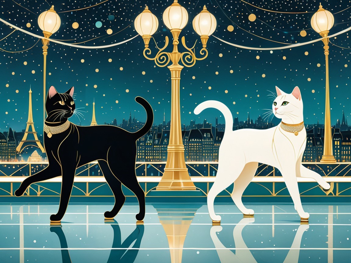 Black and white cats walking under the Eiffel Tower