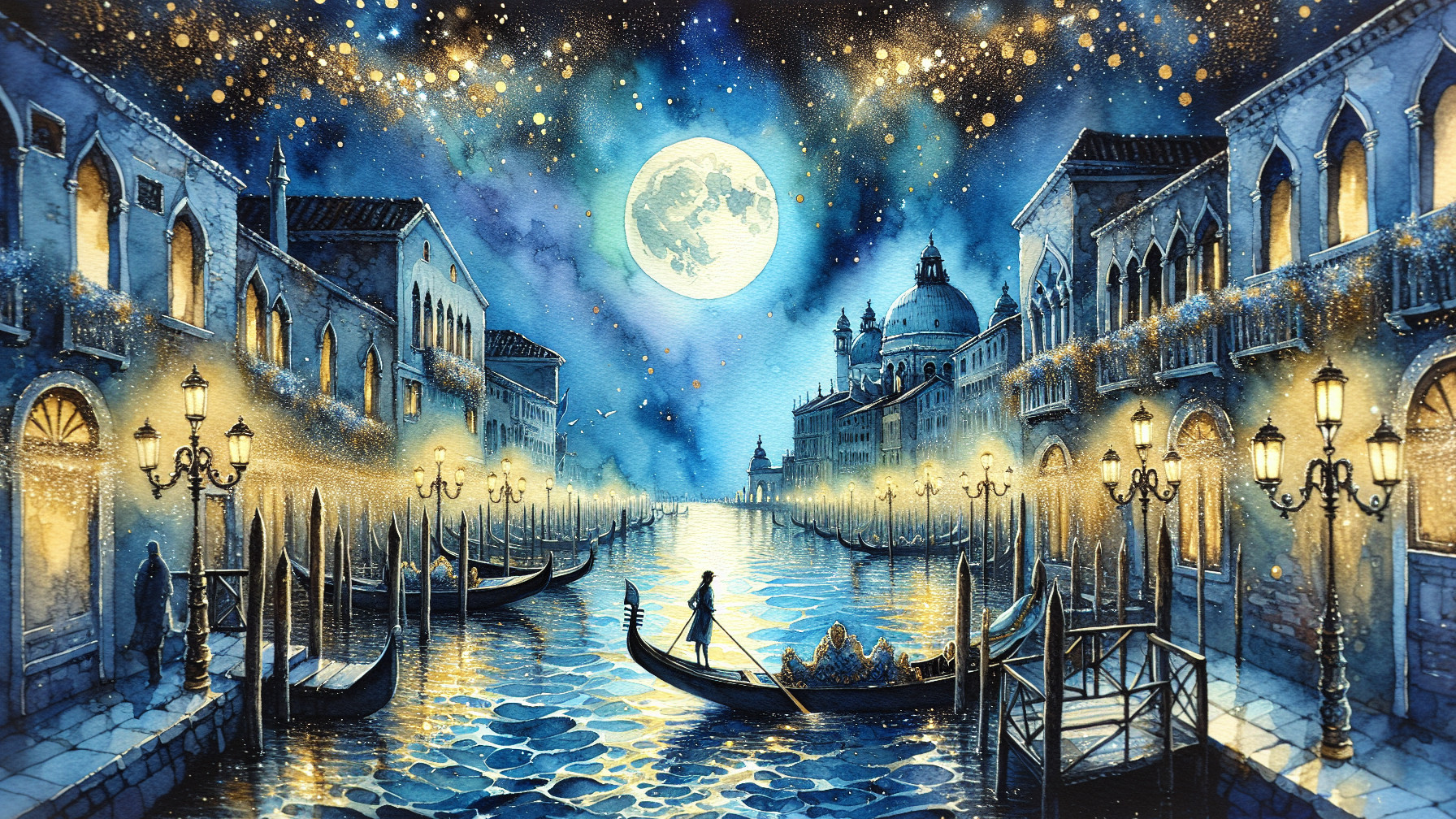 Venetian Canal at Night with Moon and Stars