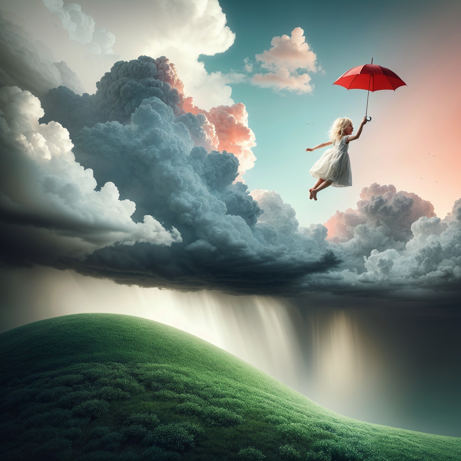 Child in White Dress with Red Umbrella in Dreamy Sky
