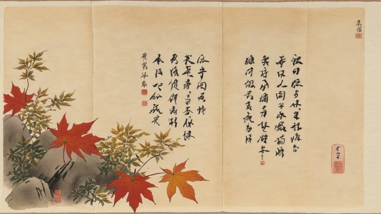 Traditional Japanese Folding Screen with Autumn Leaves