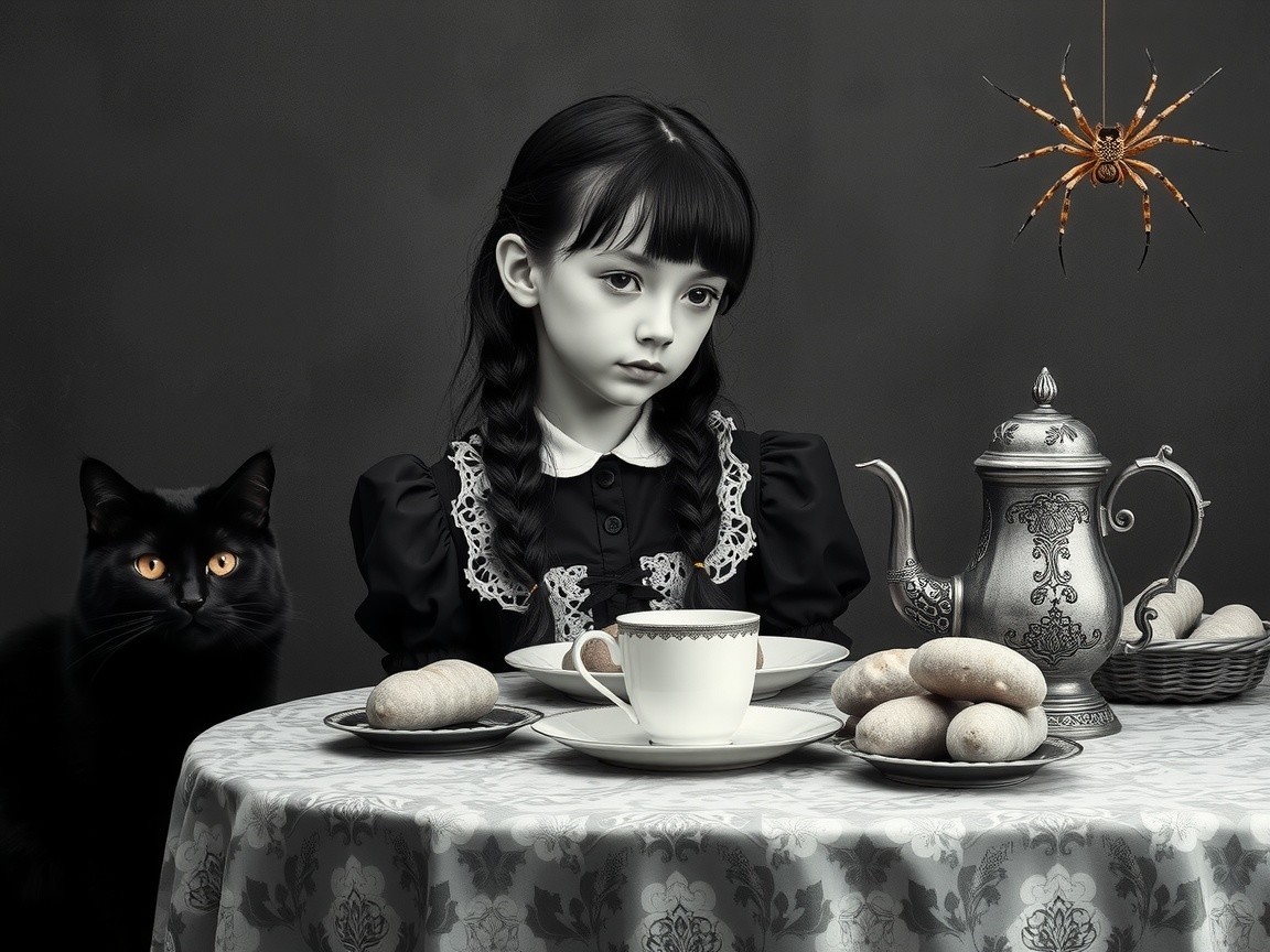 Young girl at a table with pastries and a cat