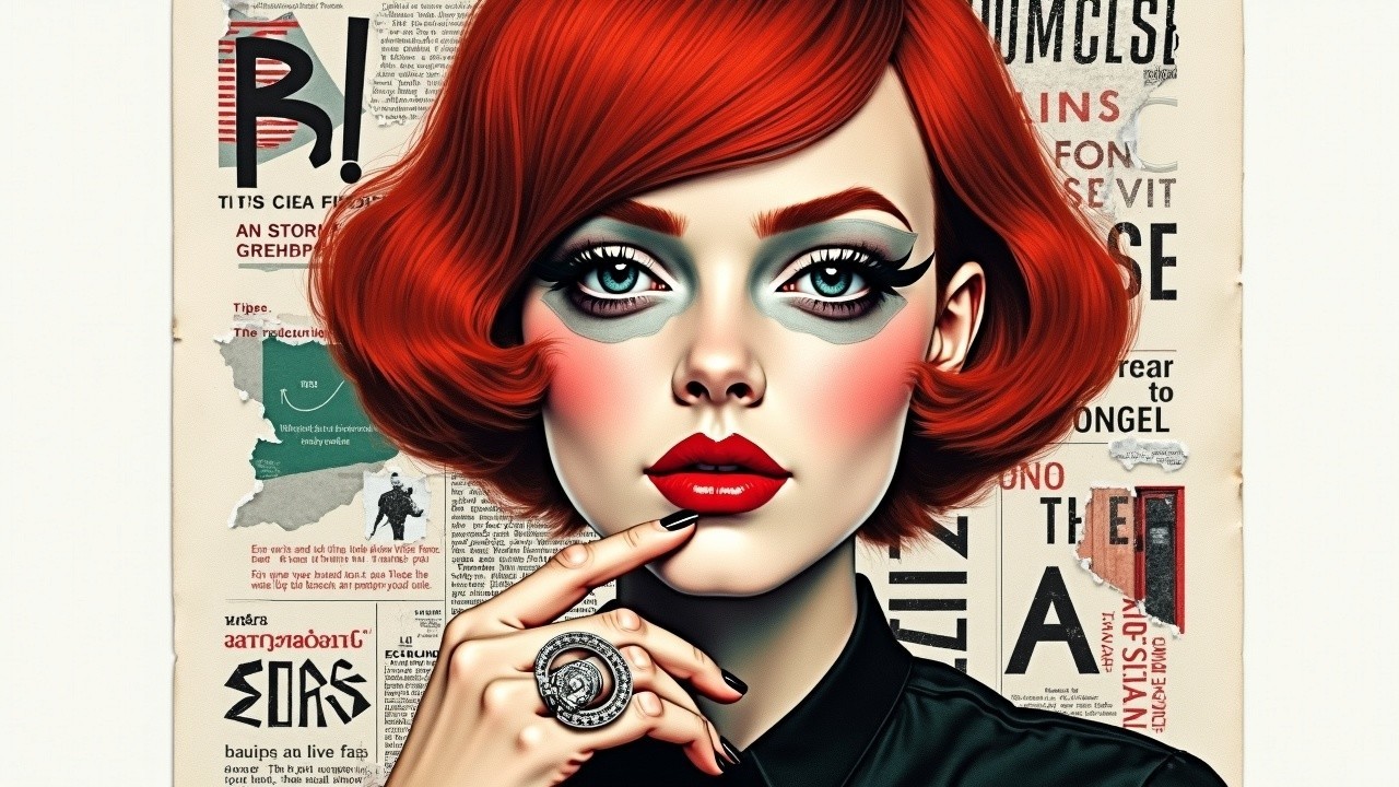 Chic Bob Hairstyle with Bold Makeup and Vintage Collage