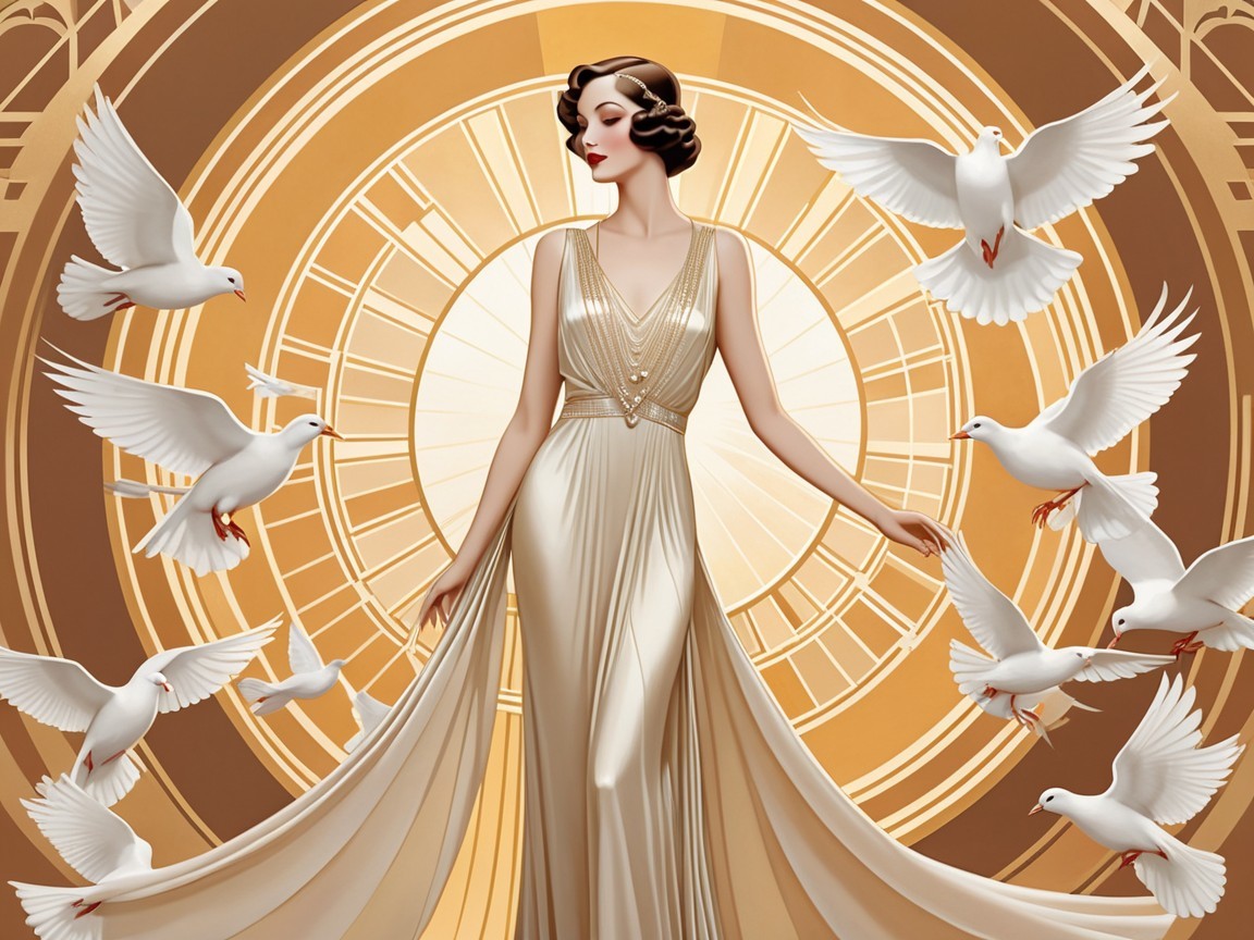 Elegant Woman in Vintage Art-Deco Setting with Doves