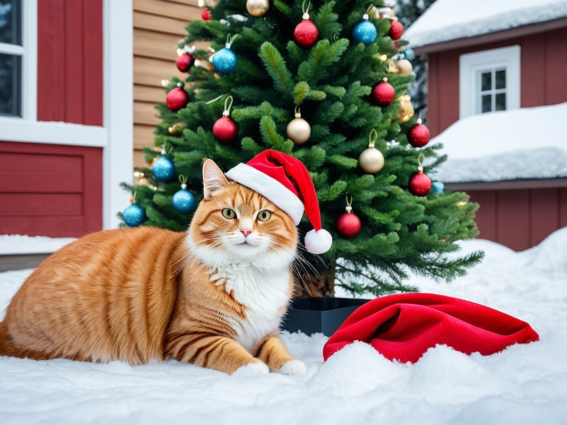 Fluffy Orange Cat in Santa Hat by Christmas Tree