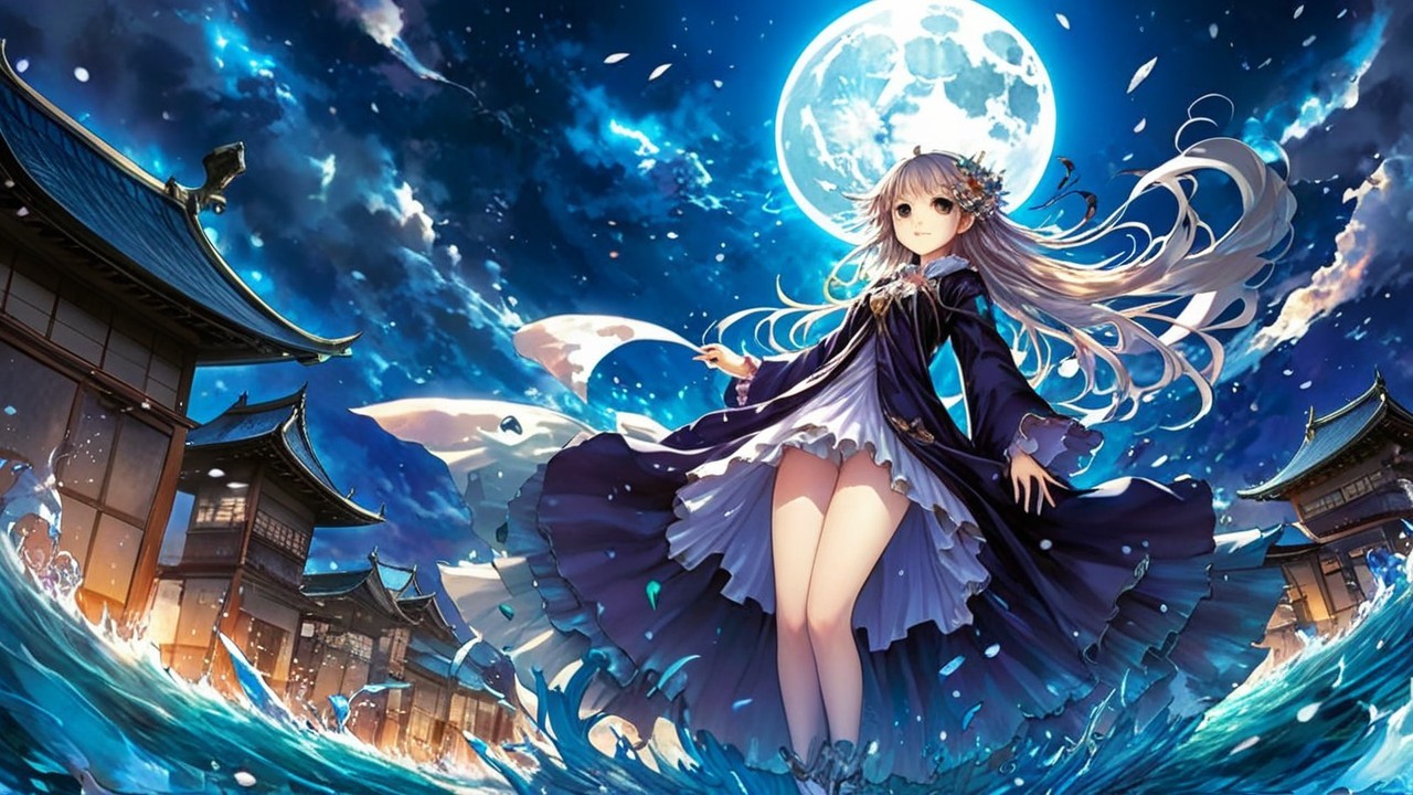 Young girl in a watery landscape under a full moon