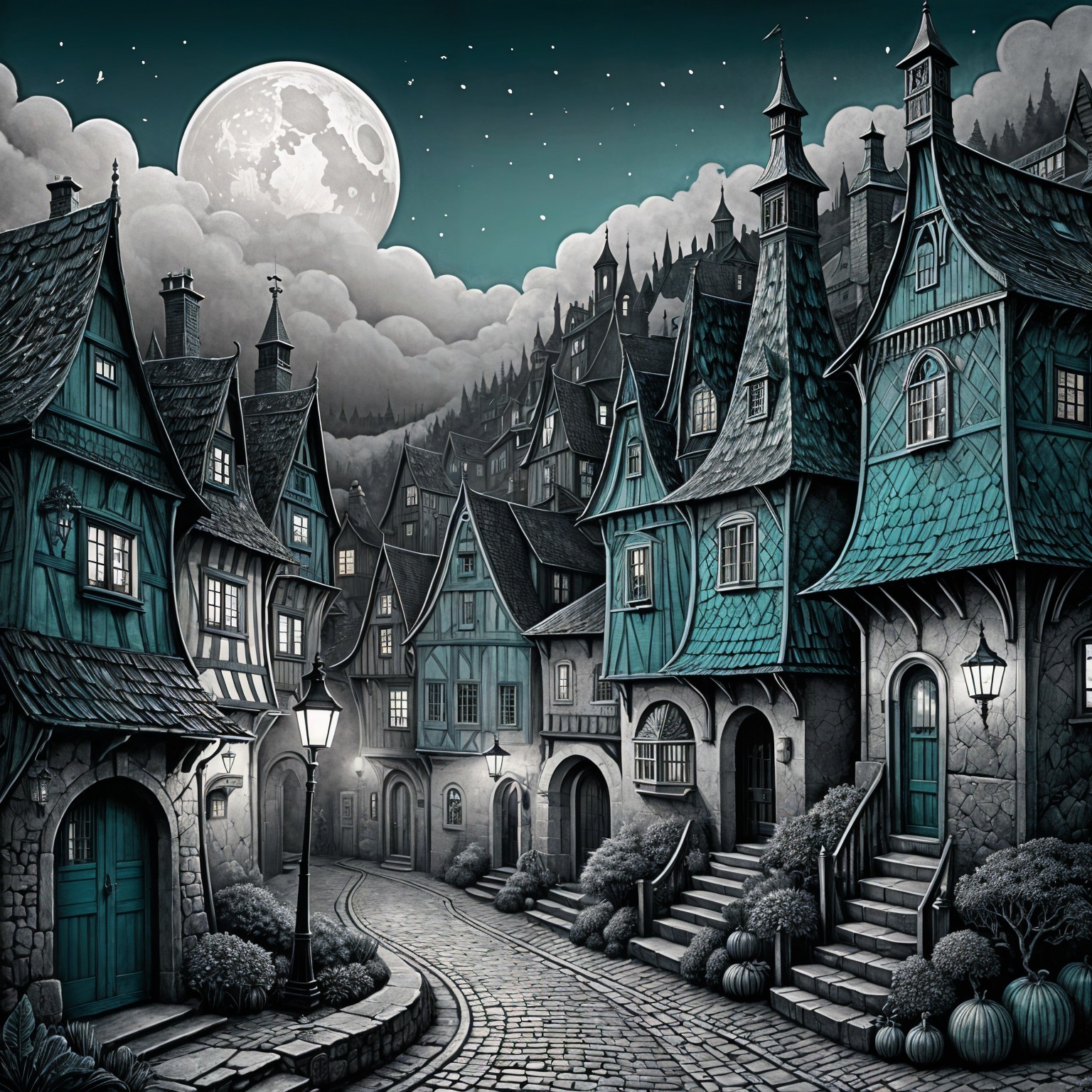 Whimsical Night Village with Charming Houses and Moonlight
