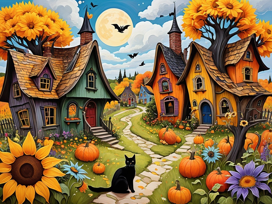Whimsical Landscape with Colorful Houses and Autumn Trees