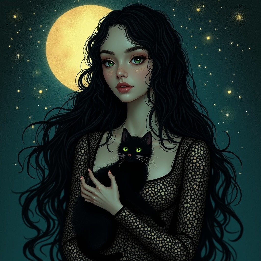 Mystical Woman with Cat Under Glowing Night Sky