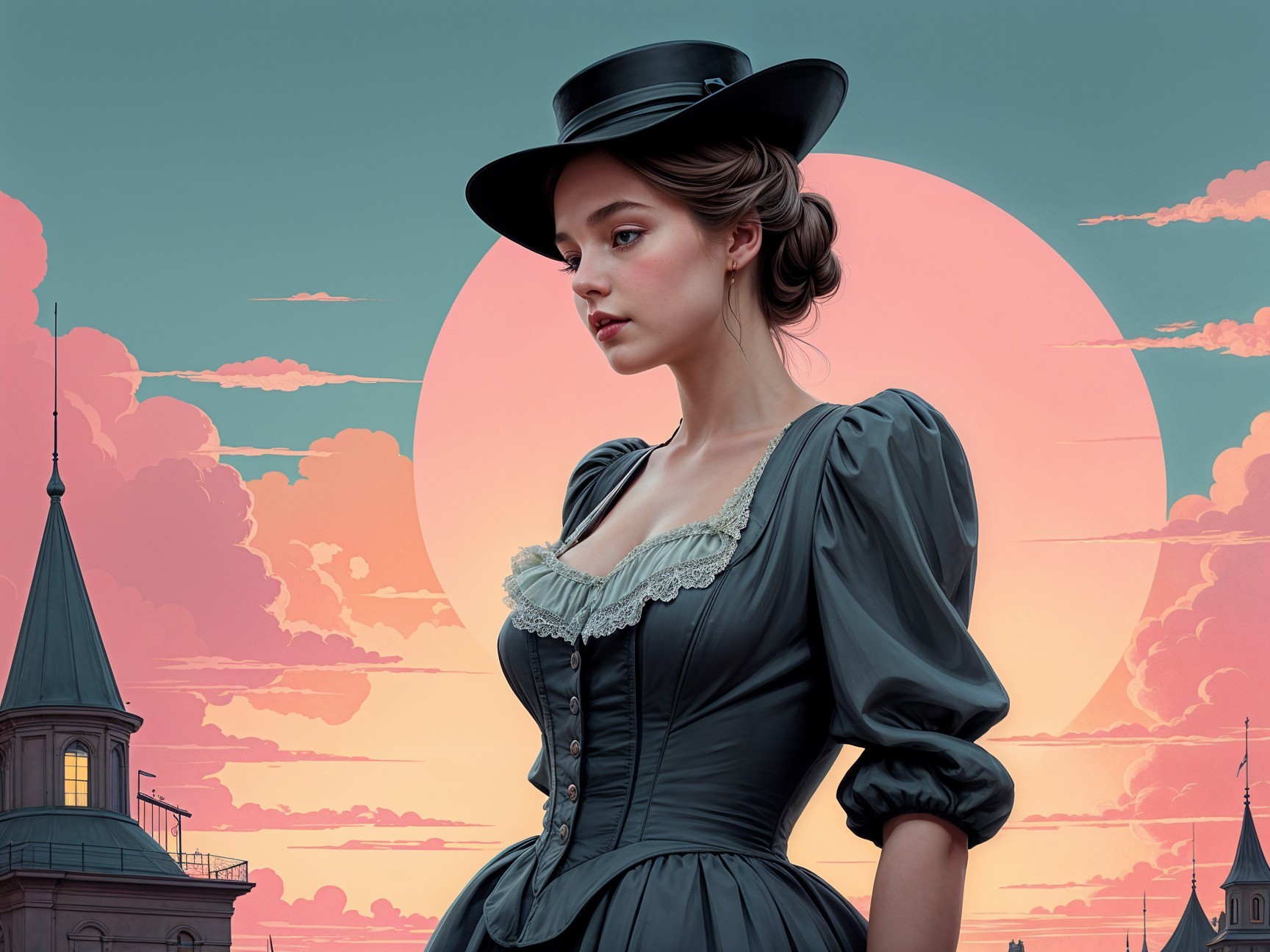 Young Woman in Dark Dress at Sunset with Hat