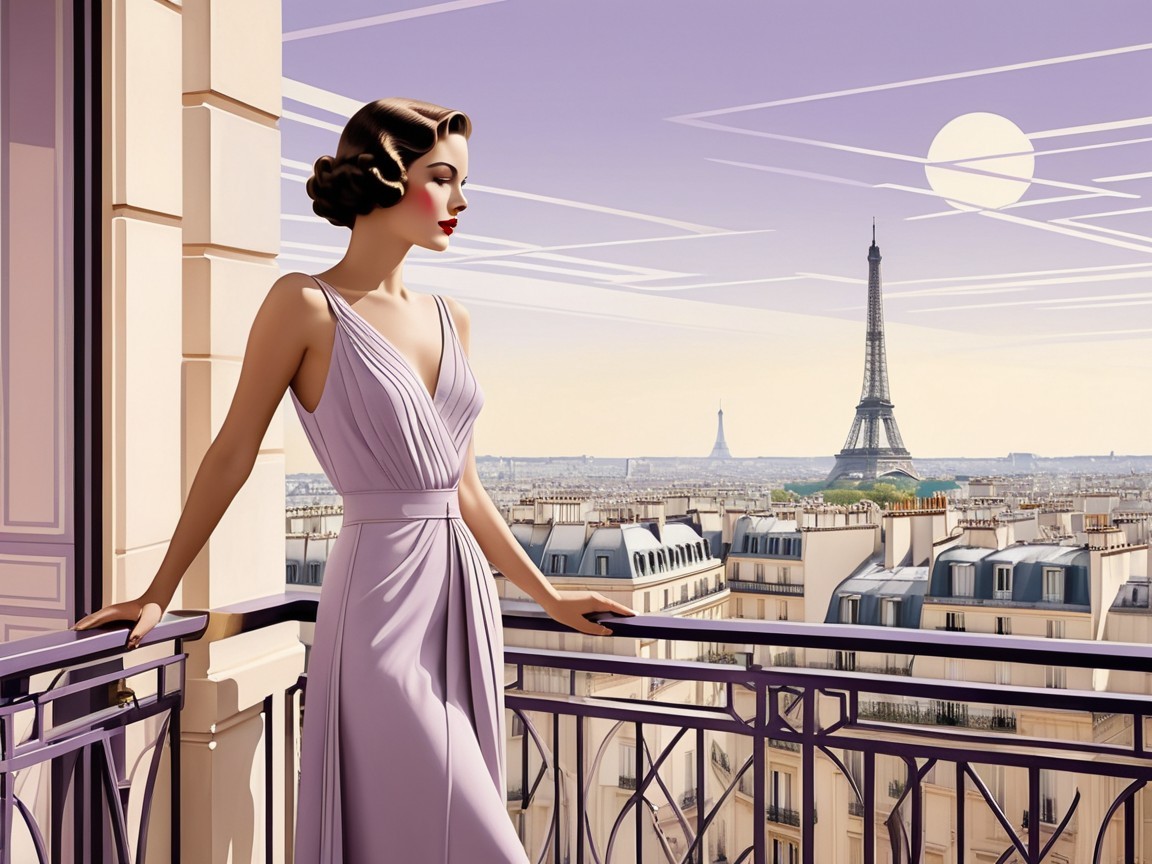 Glamorous Woman in Vintage Dress Overlooking Paris