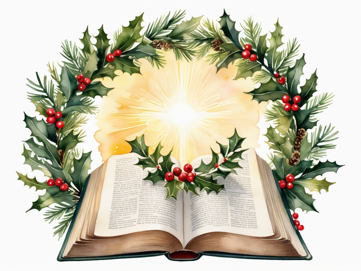 Open Book Surrounded by Festive Wreath and Light