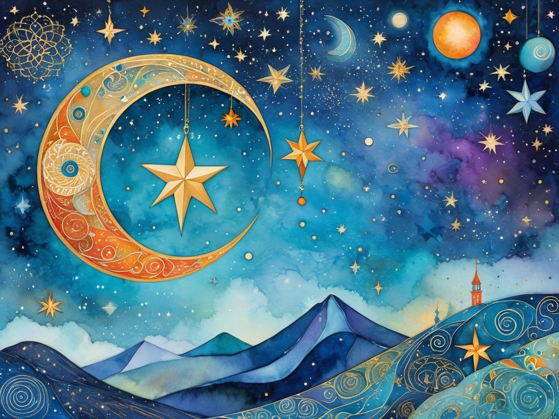 Enchanting Nighttime Illustration with Stars and Mountains