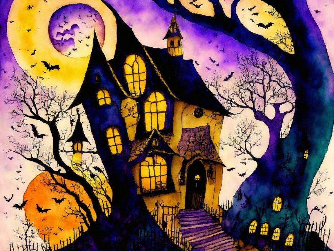 Haunted House Surrounded by Twisted Trees and Bats