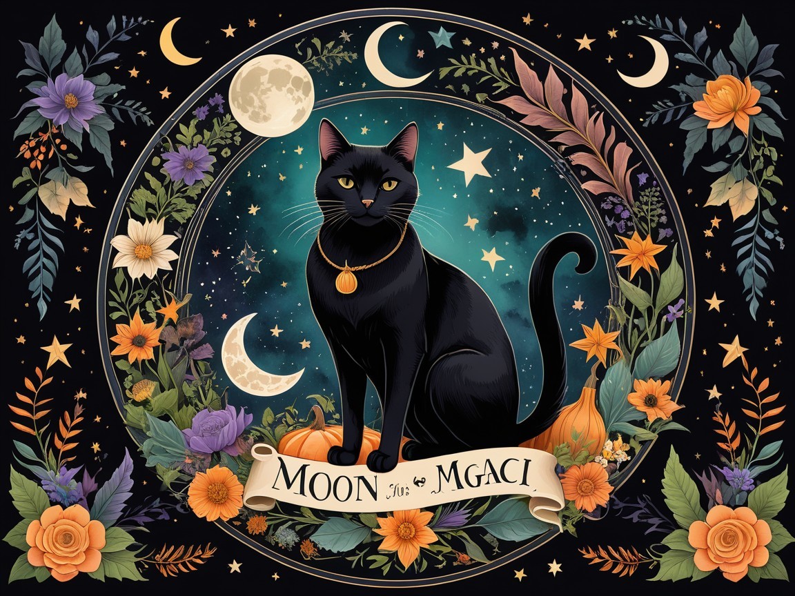 Mystical Black Cat with Flowers and Cosmic Background